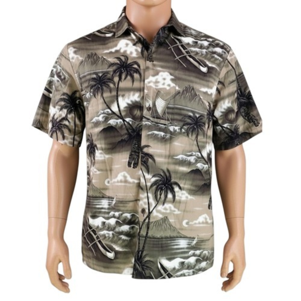 Royal Creations Hawaiian Aloha Shirt Medium Outriggers Boats Palm Trees Surf